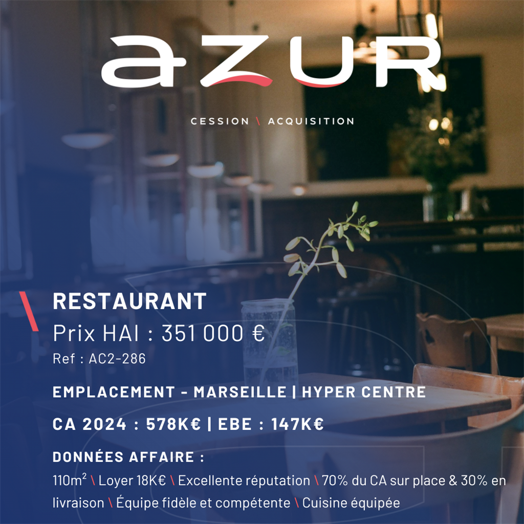 Fonds de commerce à vendre - Restauration - Marseille (13000) - 351 000 €