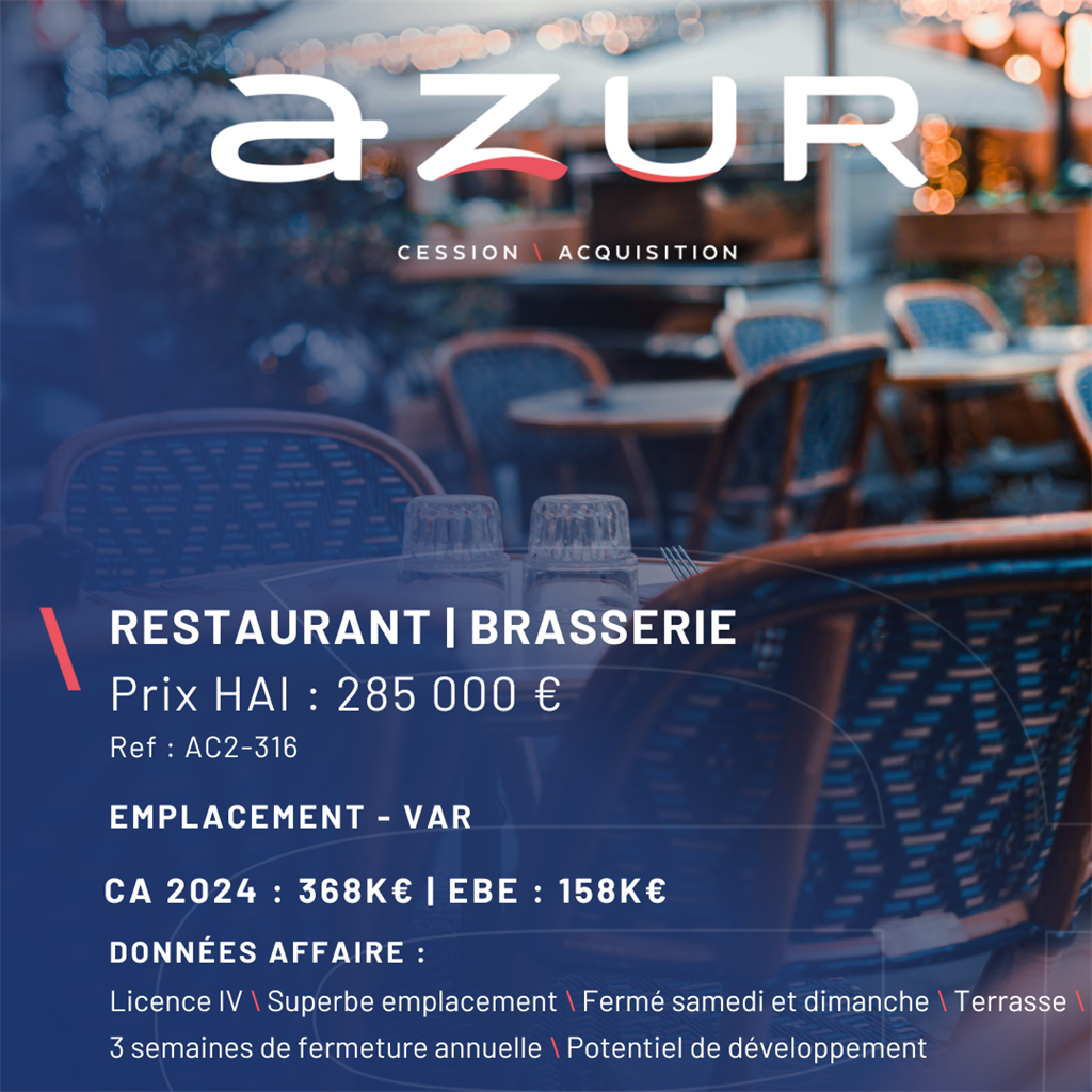 VENTE Brasserie Restaurant Licence IV dans le Var