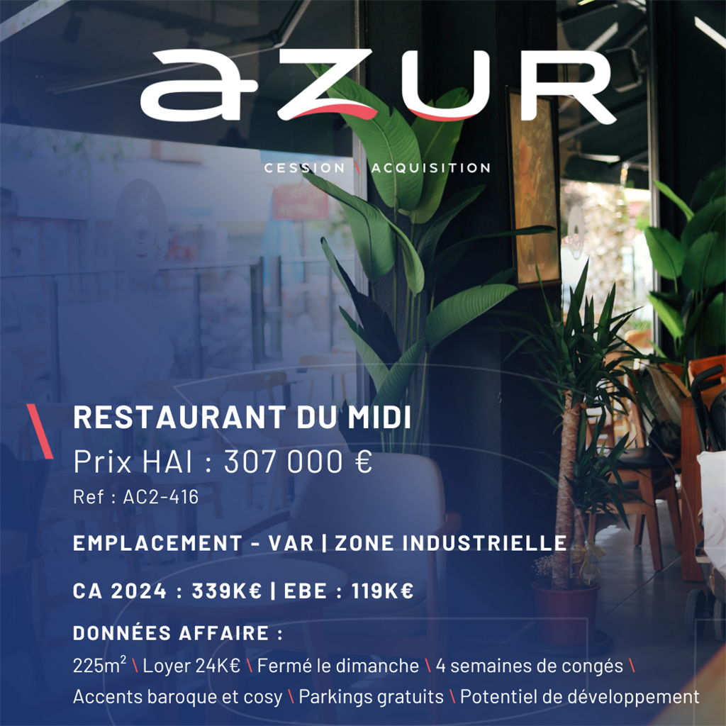 Fonds de commerce à vendre - Restauration - Var (83) (83400) - 307 000 €